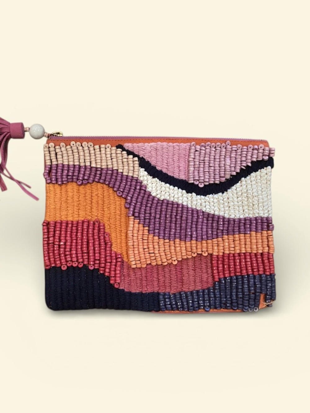 Anthropologie Nessa Multicolor Beaded Pouch, Suede & Cotton, Pink Tassel